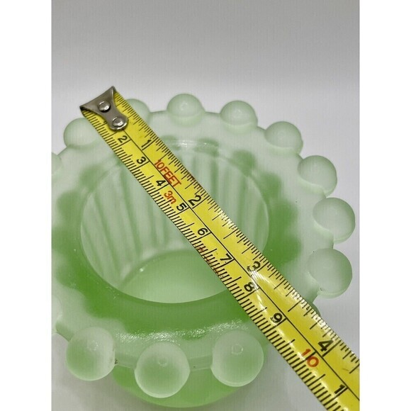 VINTAGE GREEN FROSTED GLASS Candle Holder, Ball Bead Rim, Footed, Votive - Picture 7 of 7